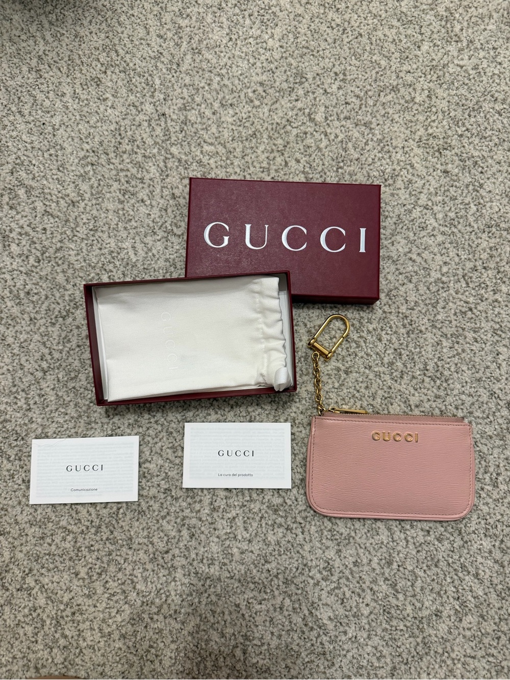Gucci Pink Leather Zip Card Pouch with Gold Chain